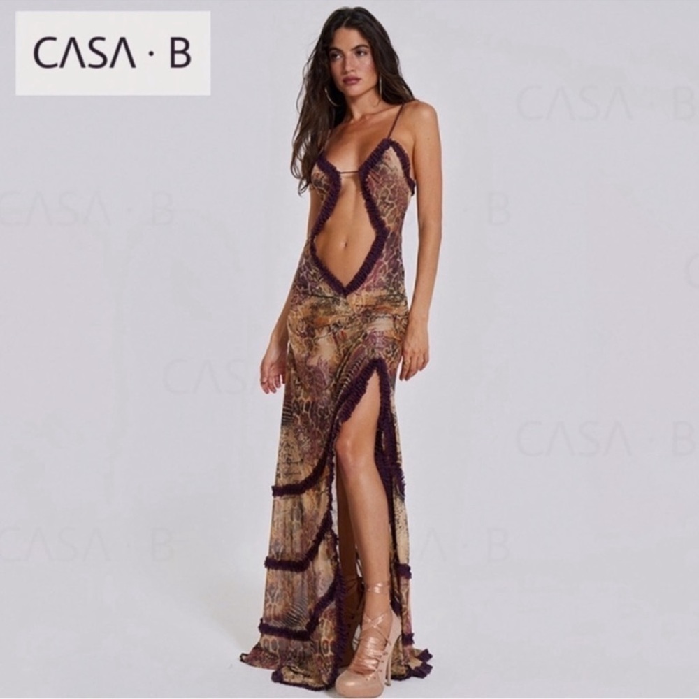 5⭐️CASA B| Seraphina Sheer Cut-Out Frill Leopard Script Print Maxi Dress - Picture 3 of 15